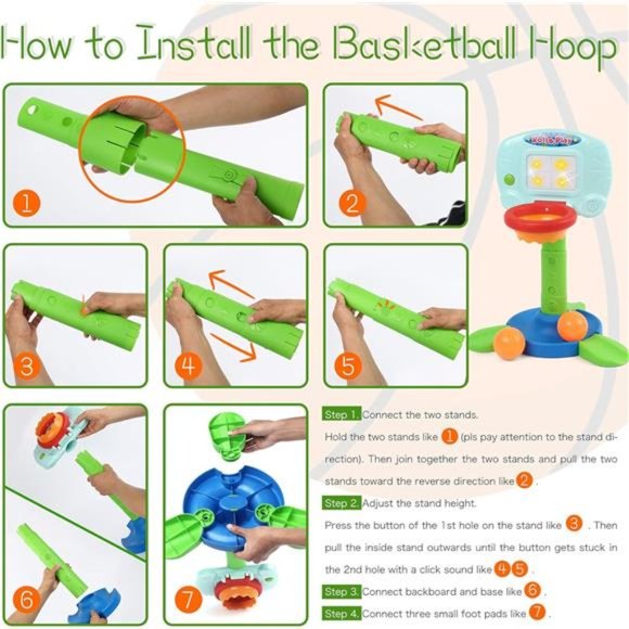 Basketball Hoop for Kids, 2 in 1 Adjustable Sports Toy Set with Light and Music - Picture 5 of 7